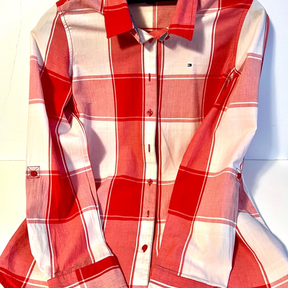 Red and White Plaid Button-Up Shirt Tommy Hilfiger